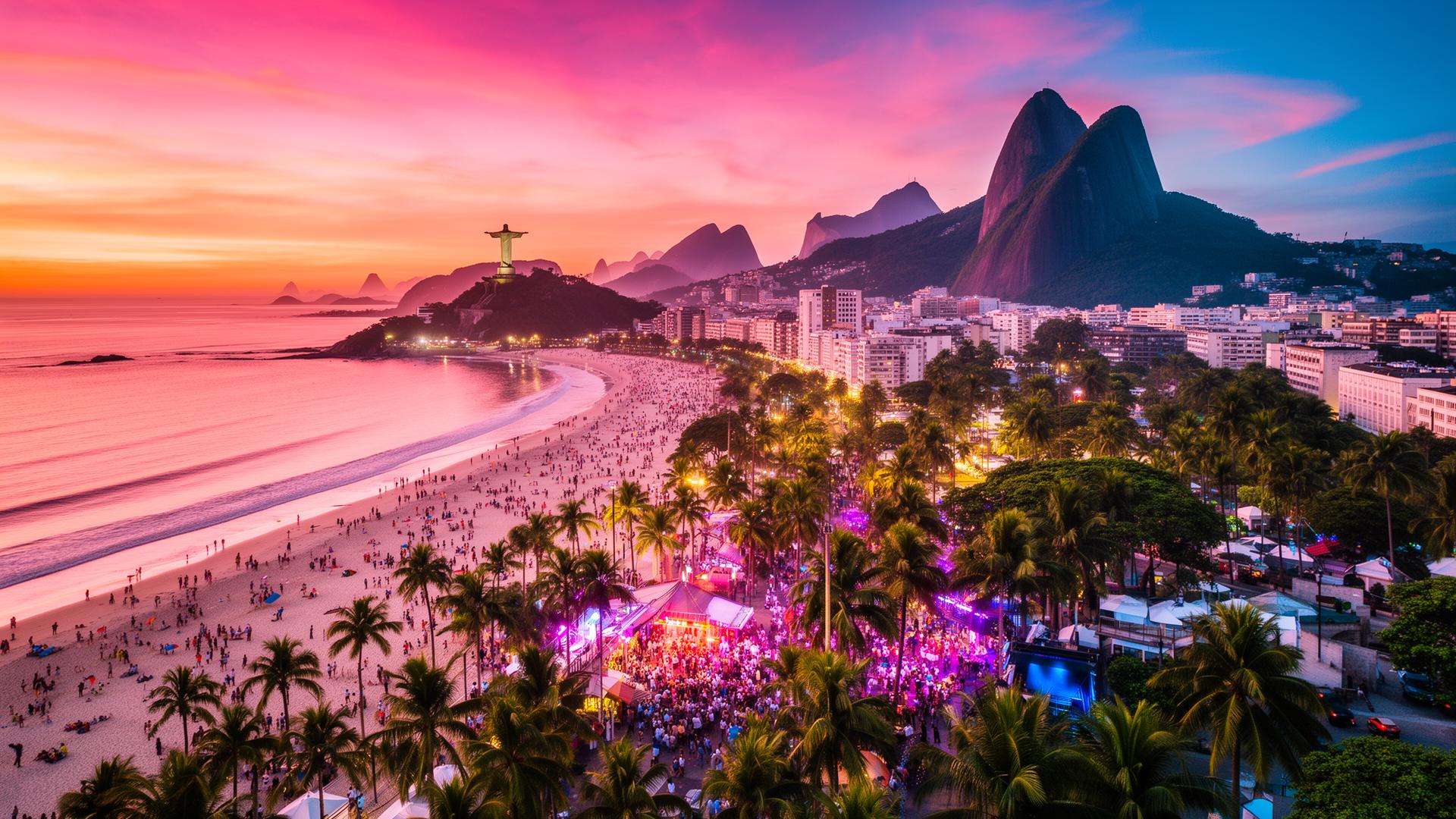 Atardecer en Río de Janeiro con el Cristo Redentor y la playa de Copacabana